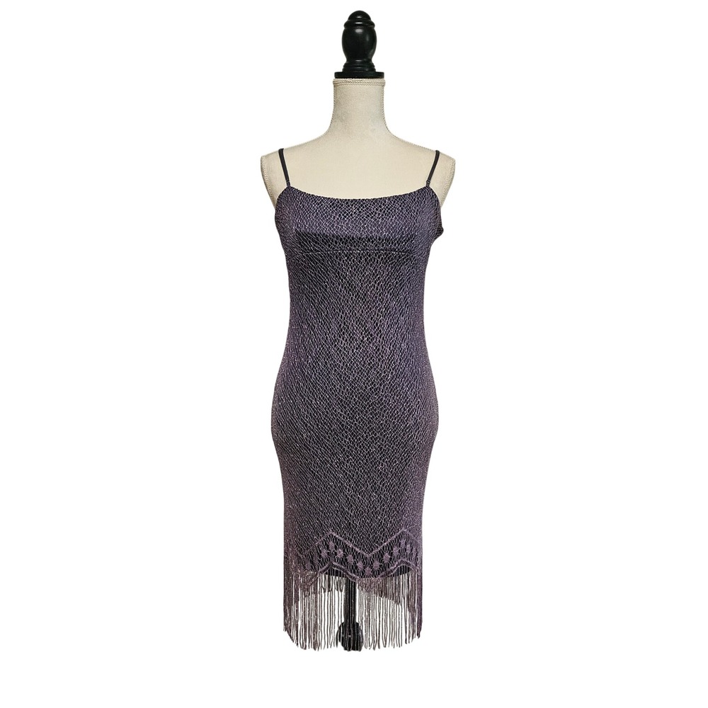 Vintage‎ 90s City Triangles Gray Sparkle Mesh Fringe Bodycon Slip Dress Size S